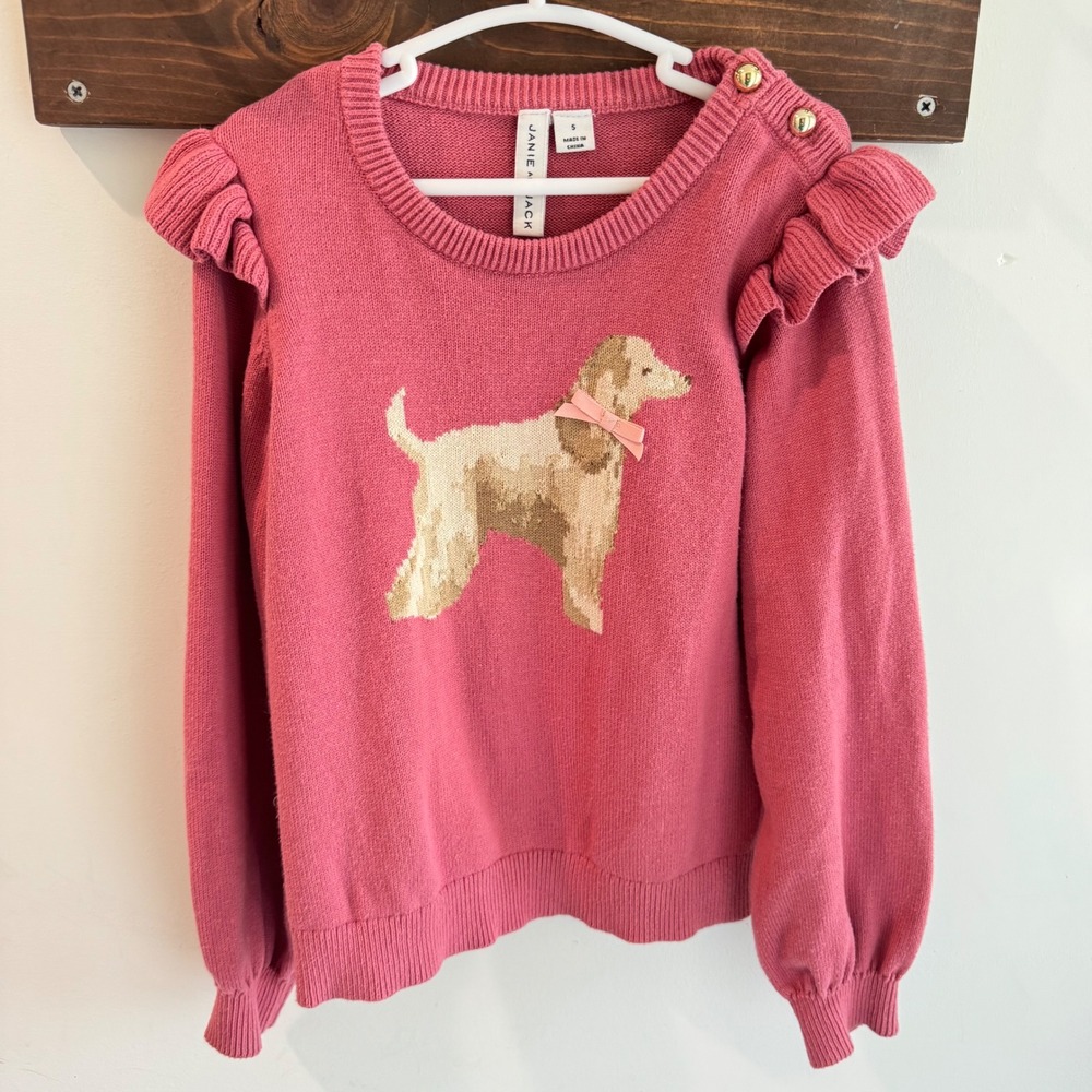 Janie and Jack Girls‎ Pink Dog Intarsia Cotton Sweater Ruffle Shoulder Size 5